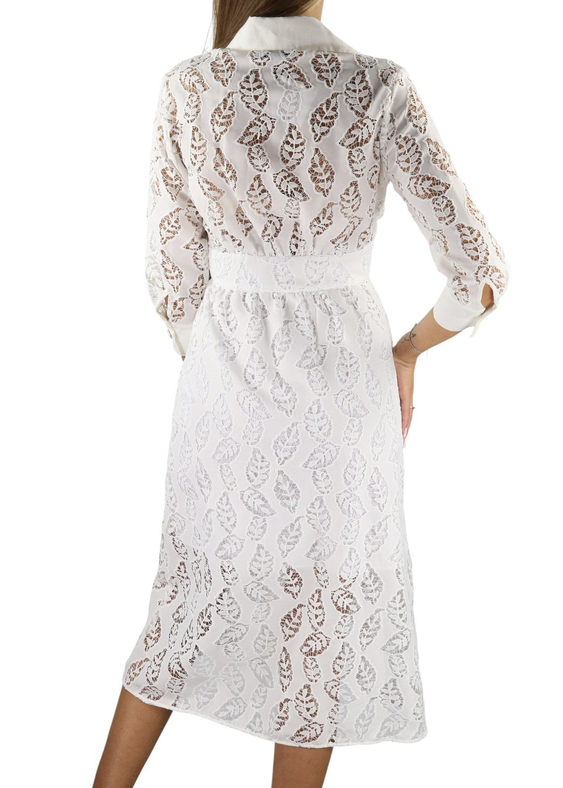 SANDRO Women's Dress 36 S White Lace Perforated Snap Button 3/4 Sleeve