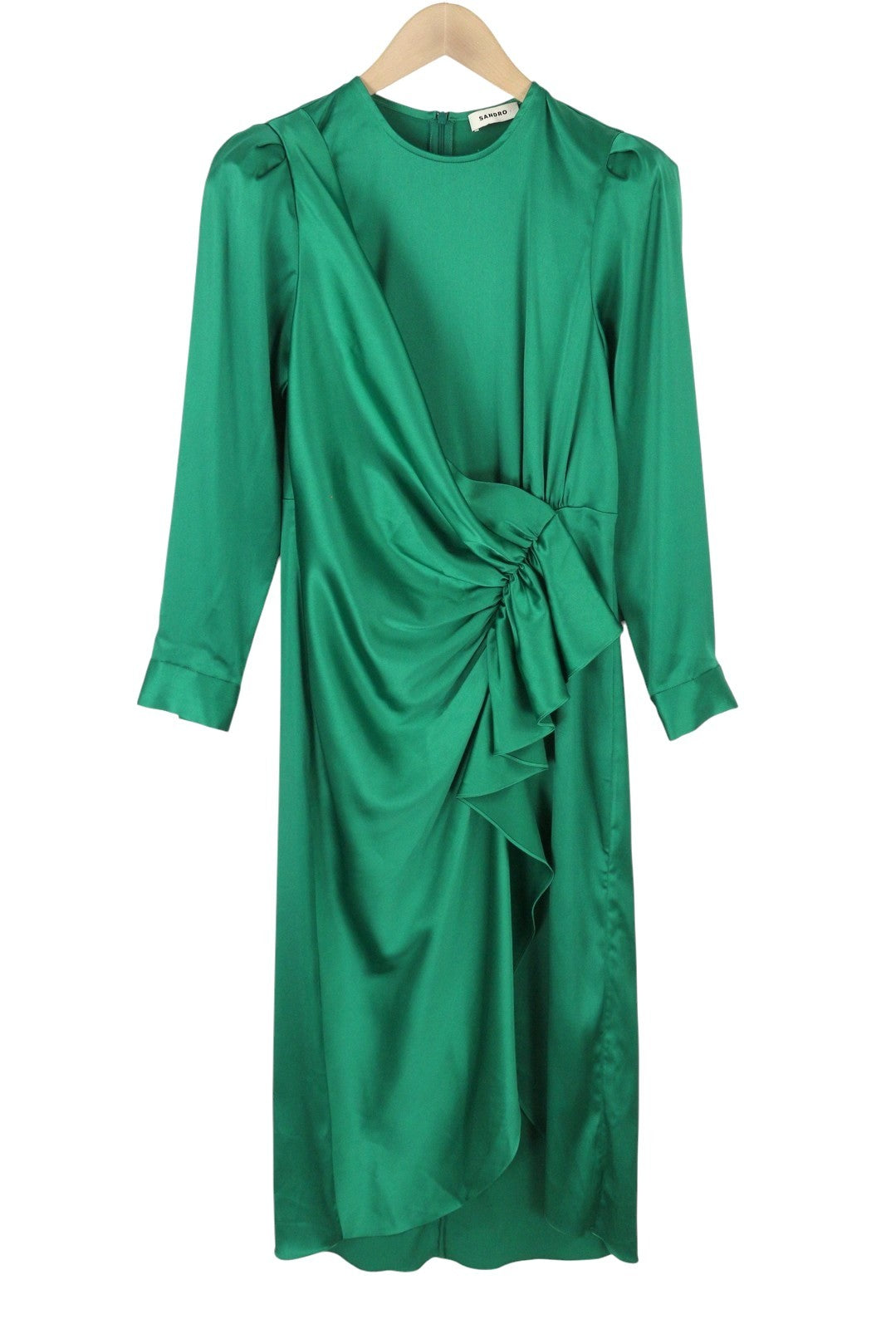 SANDRO Women's Dress 36 S Green Satin Effect Ruffled Wrap Sleeve RRP415