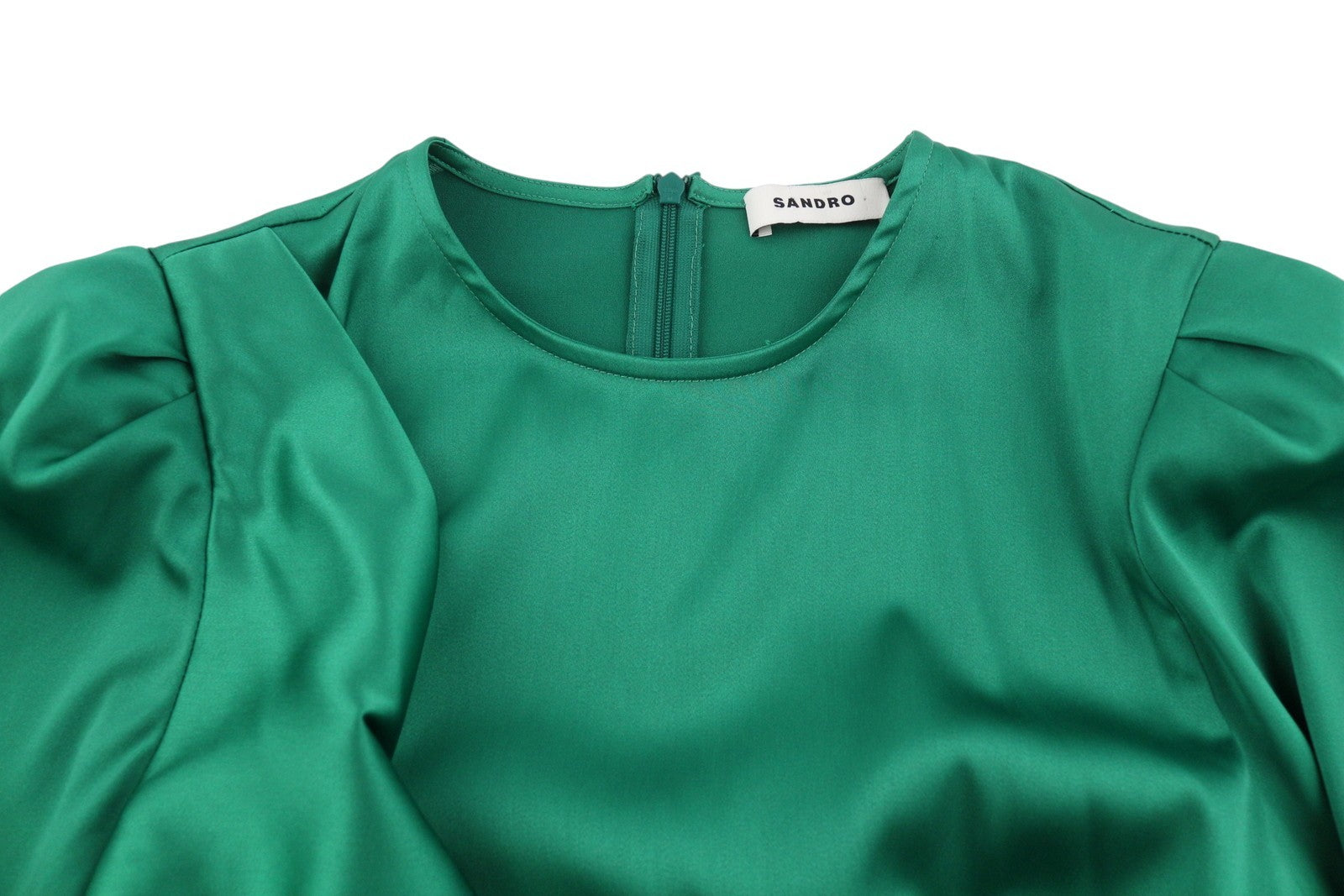 SANDRO Women's Dress 36 S Green Satin Effect Ruffled Wrap Sleeve RRP415