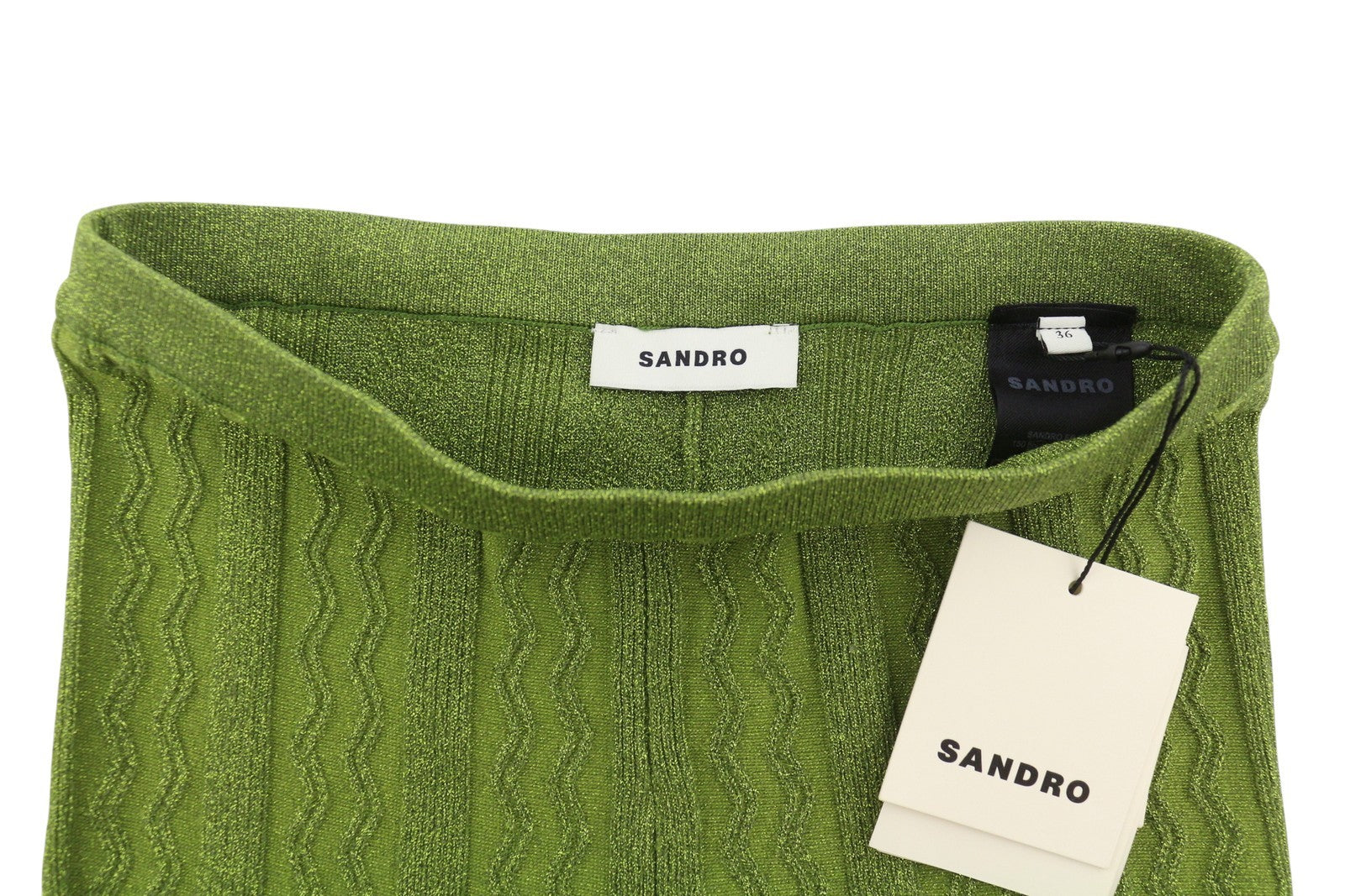 SANDRO Chalamet Women's Trousers 36 S Green Shiny Cable Knit Flared RRP295