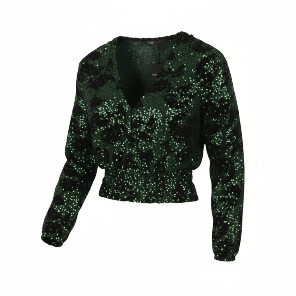 MAJE Liletie Women's Blouse 1 S Green Fitted Sequin Balloon Sleeve RRP189