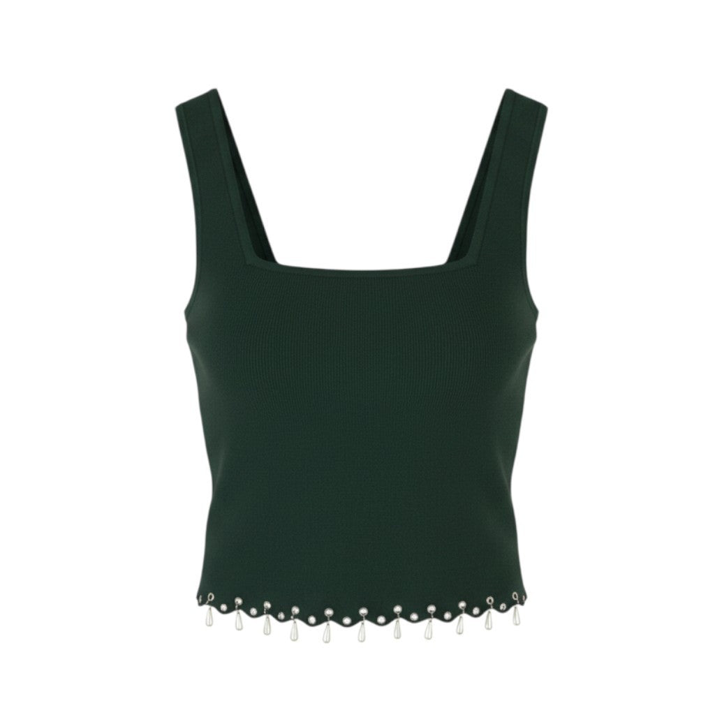 SANDRO Women's T-Shirt 2 M Green Beaded Tassel Knit Cropped Hem RRP125