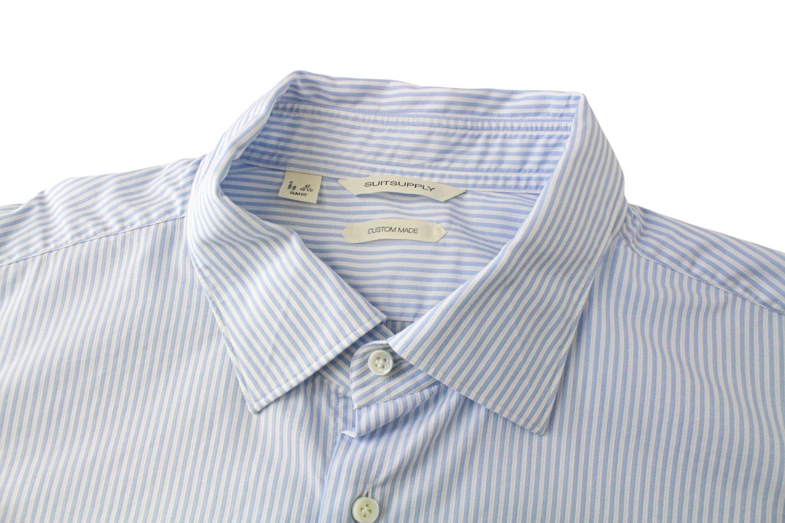 SUITSUPPLY Men Shirt 47/18 1/2 Striped Pattern Slim Fit Blue Pure Cotton