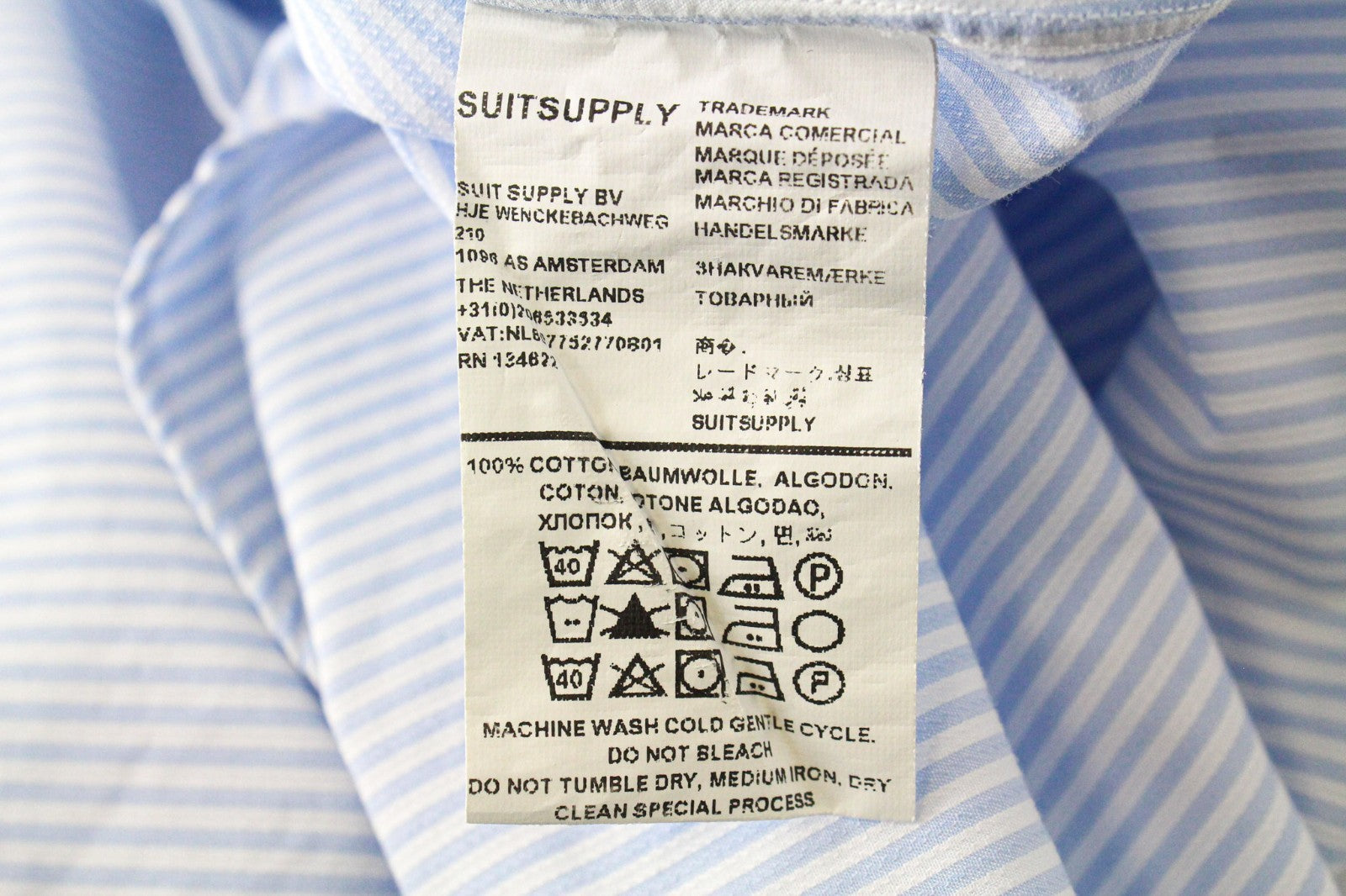 SUITSUPPLY Men Shirt 47/18 1/2 Striped Pattern Slim Fit Blue Pure Cotton