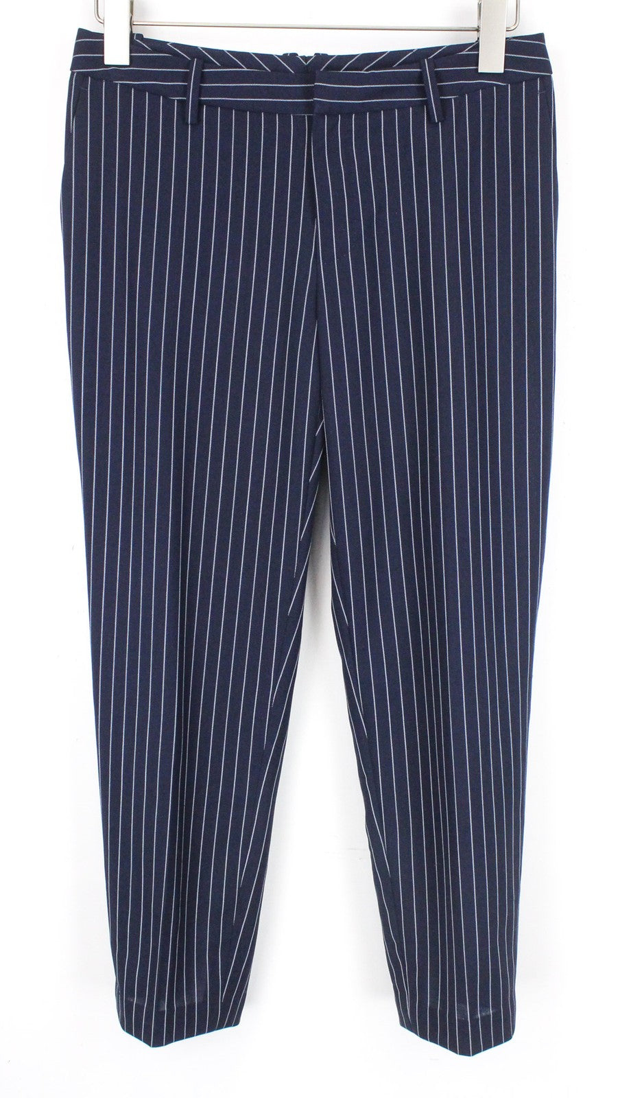 SUISTUDIO Oakley Women Trousers UK12S W31 Navy Pure Wool Striped Pleated Formal