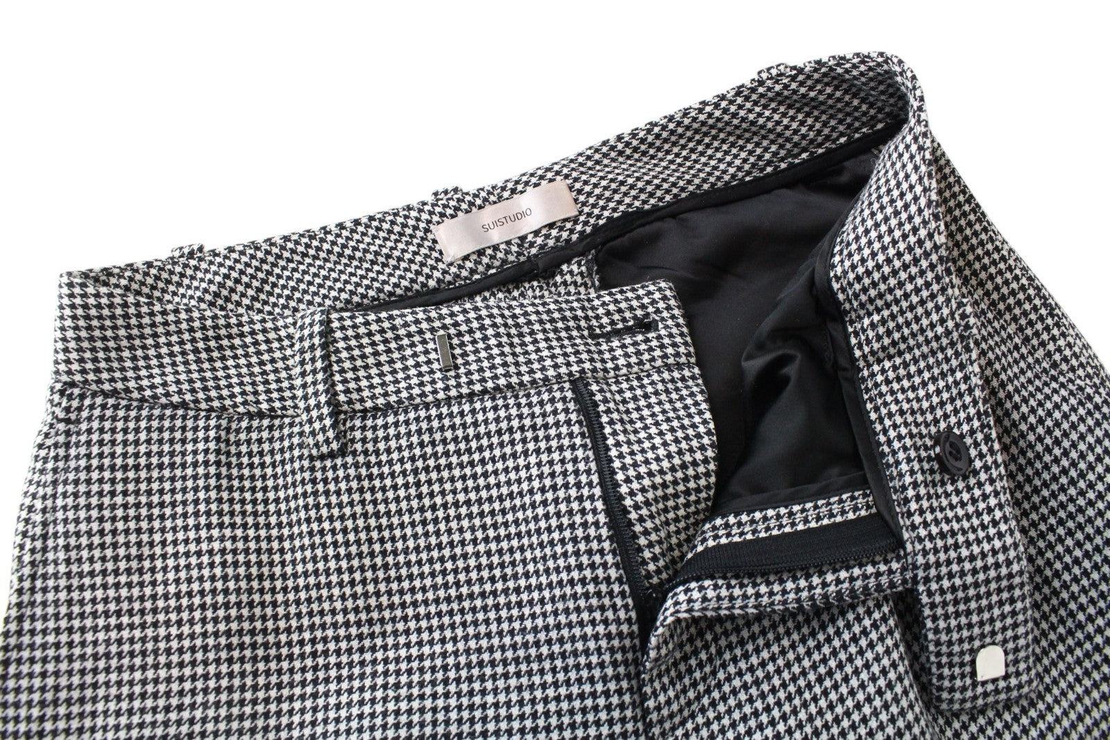 SUISTUDIO Grey Women Trousers UK8R W27 Grey Wool Silk Linen Slim Houndstooth