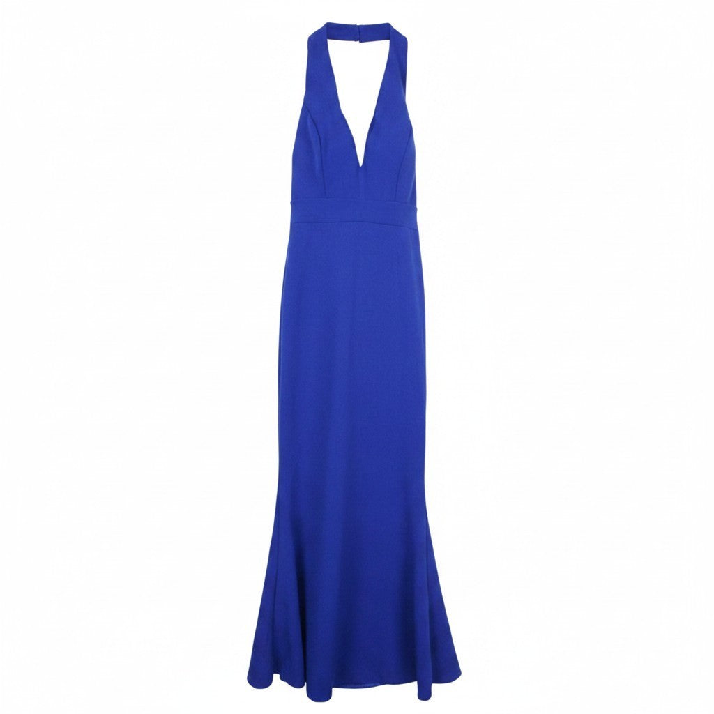 WAL G Women Dress S Blue Bodycon Maxi Flared Deep V-Neck Party Halter-Strap