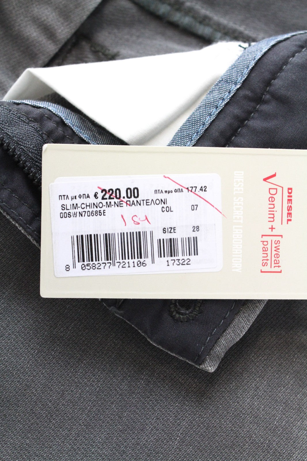 DIESEL Slim-Chino-M-NE 0685E Men Trousers W28 Grey Stretch Jogg Sweat Slim Cut