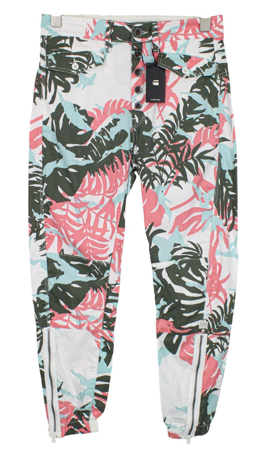 G-STAR RAW Army-S Women Trousers W23/L34 White Tapered Fit Leaf Patterns Cotton