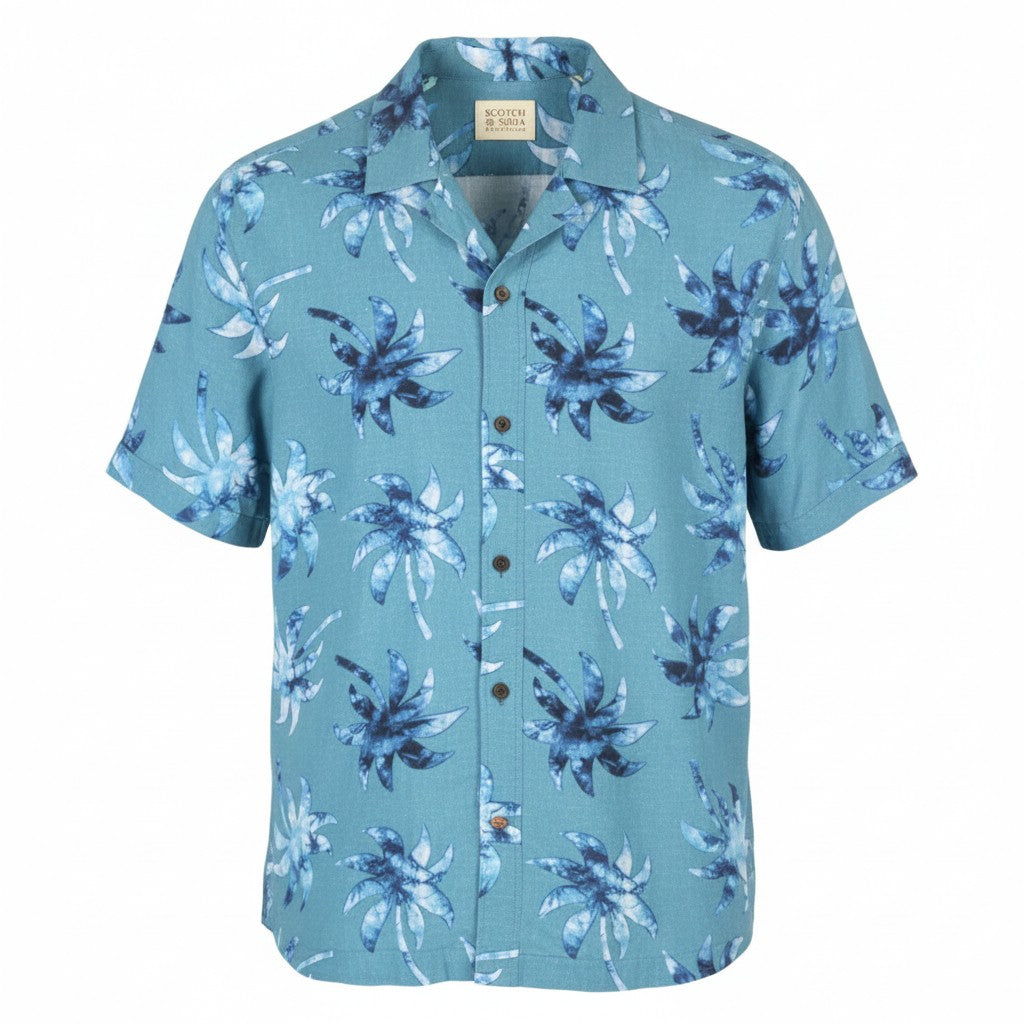 SCOTCH & SODA Men Shirt XL Blue Print Notch Collar Short Sleeve Button Top