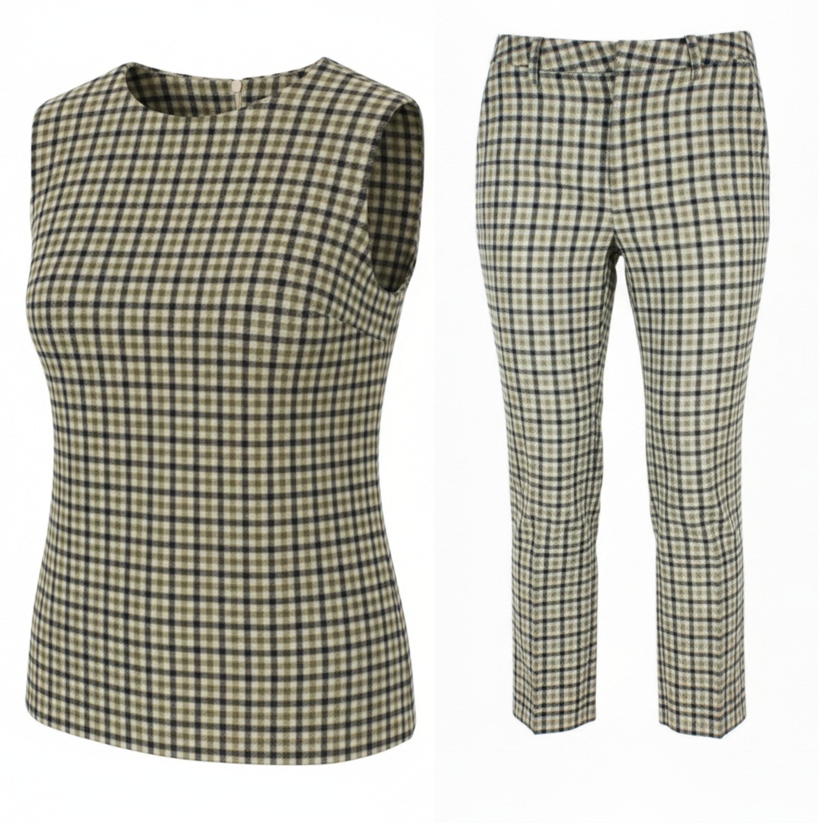 SUISTUDIO Sage Robin Women Set UK10 S Checked Sleeveless Wool Blend 2Pc Suit
