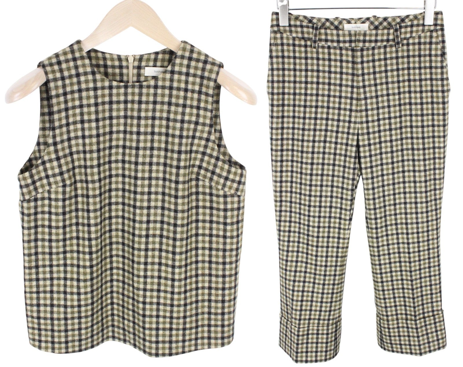 SUISTUDIO Sage Robin Women Set UK10 S Checked Sleeveless Wool Blend 2Pc Suit