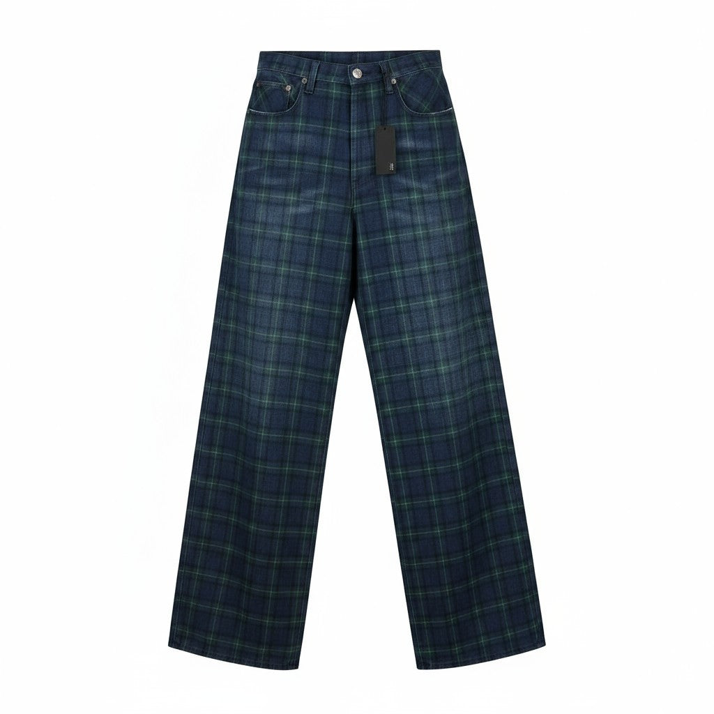 R13 Lisa Baggy Women Jeans 27 Tartan Print Wide Straight Faded Denim RRP999