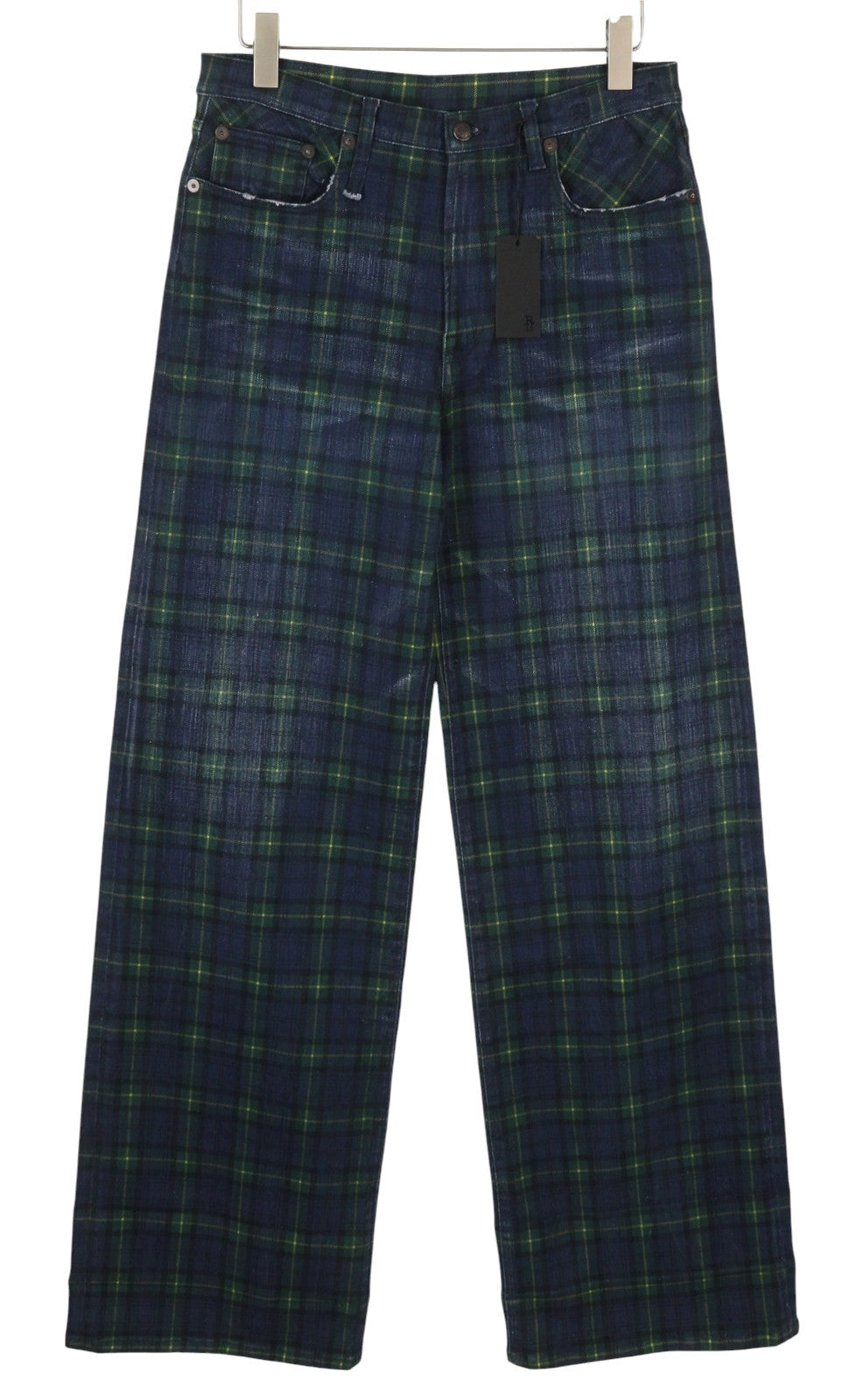 R13 Lisa Baggy Women Jeans 27 Tartan Print Wide Straight Faded Denim RRP999