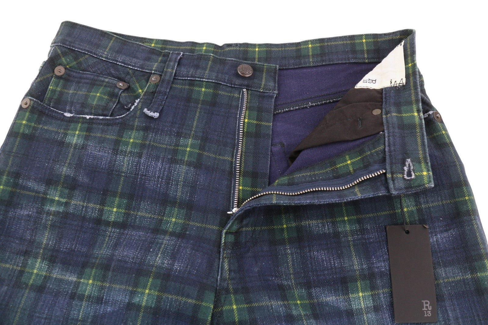 R13 Lisa Baggy Women Jeans 27 Tartan Print Wide Straight Faded Denim RRP999