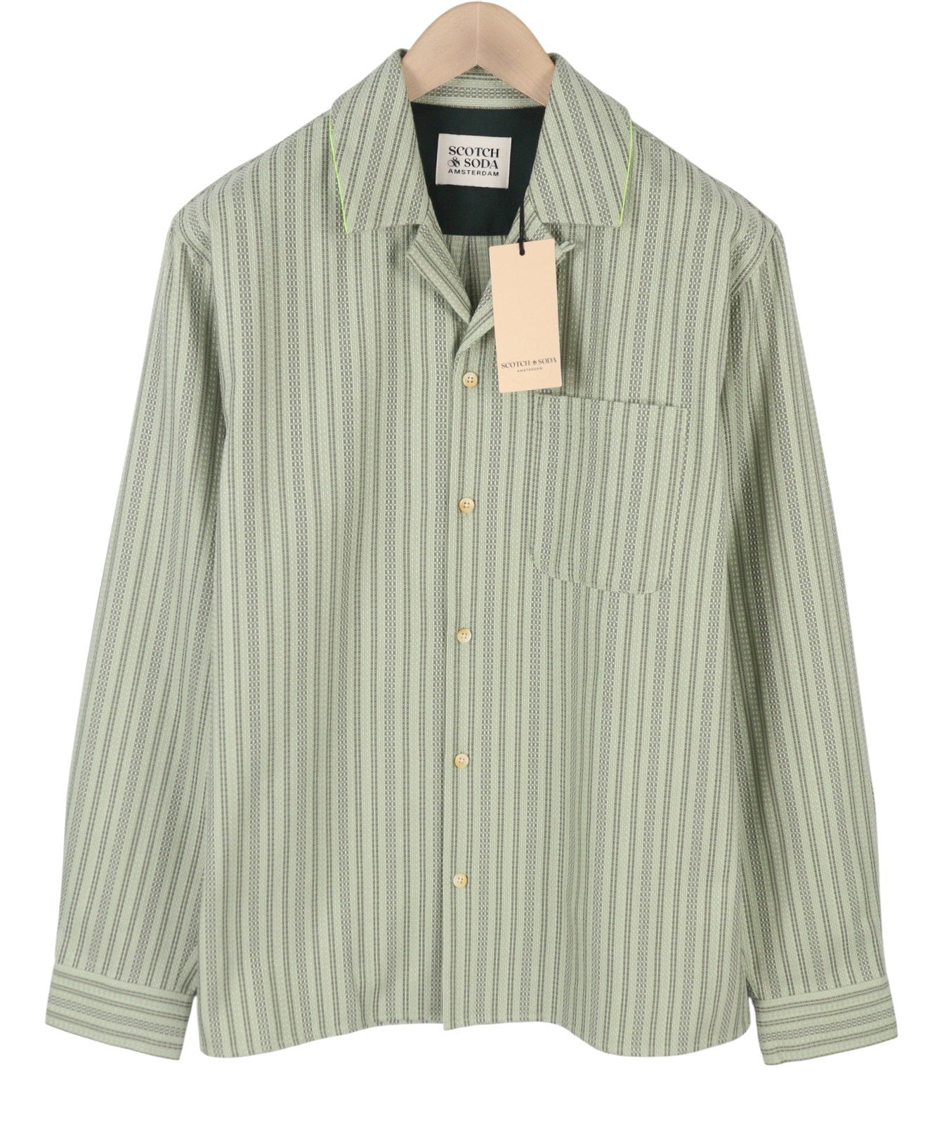 SCOTCH & SODA Men Shirt L Green Pinstripe Heavy Button Pocket Casual Top