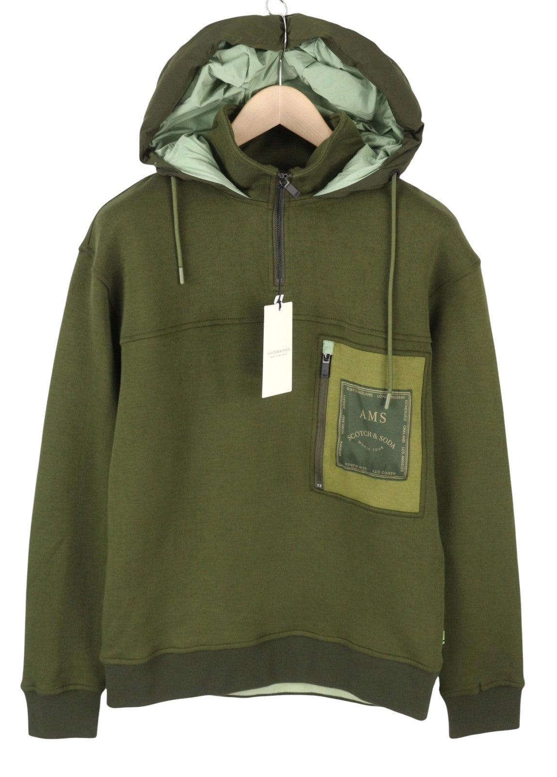 SCOTCH & SODA Men Hoodie M Green Padded Hood Half Zip Patch Pocket Pull On