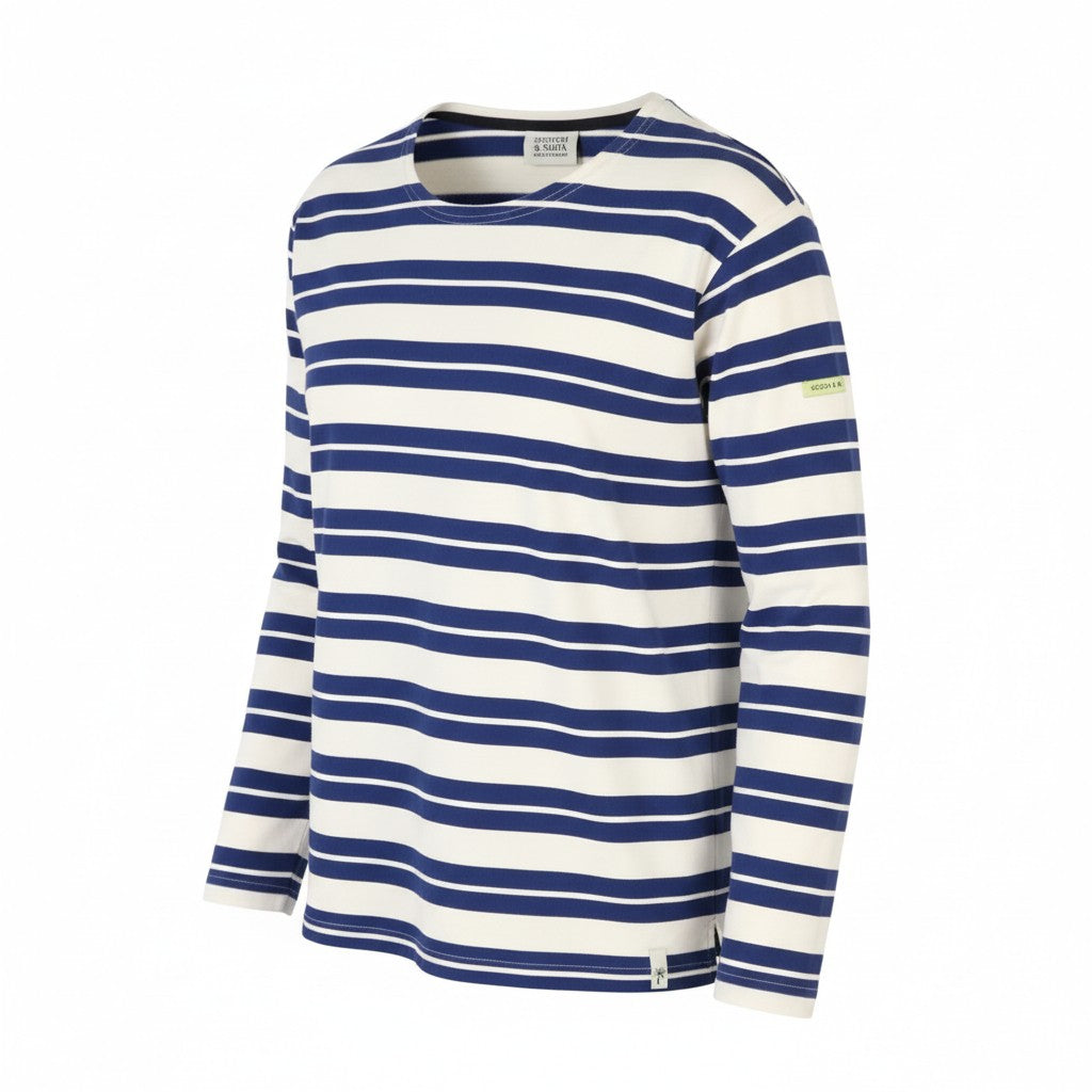 SCOTCH & SODA Men T-Shirt M White Stripe Cotton Crew Neck Long Sleeve Tee