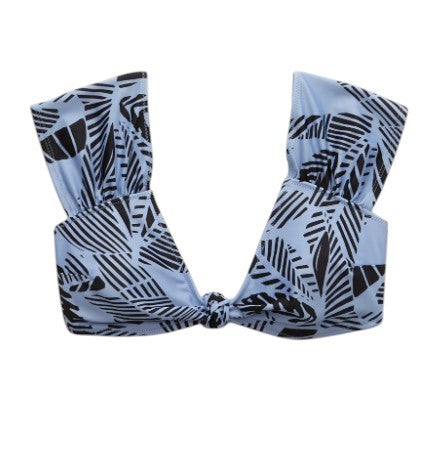 AERIE Women Bikini Top M Blue Patterned Knot Cap Sleeve Beach Swimwear