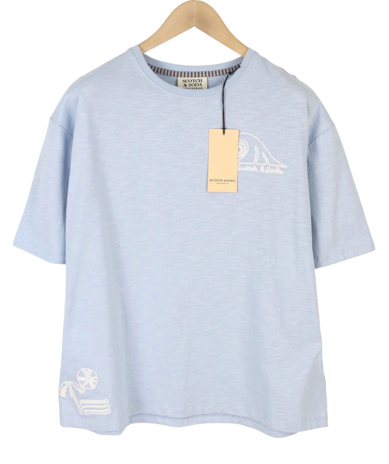 SCOTCH & SODA Men T-Shirt M Blue Melange Cotton Embroidered Tricot Tee