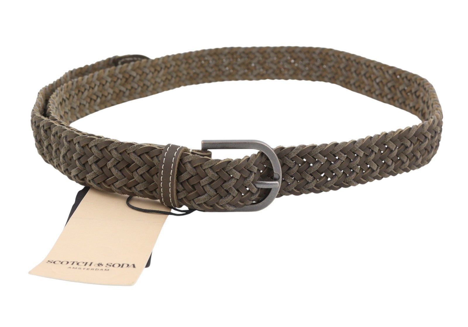 SCOTCH & SODA Men Belt 118 CM Grey Cow Leather Braided Silver Tone Buckle