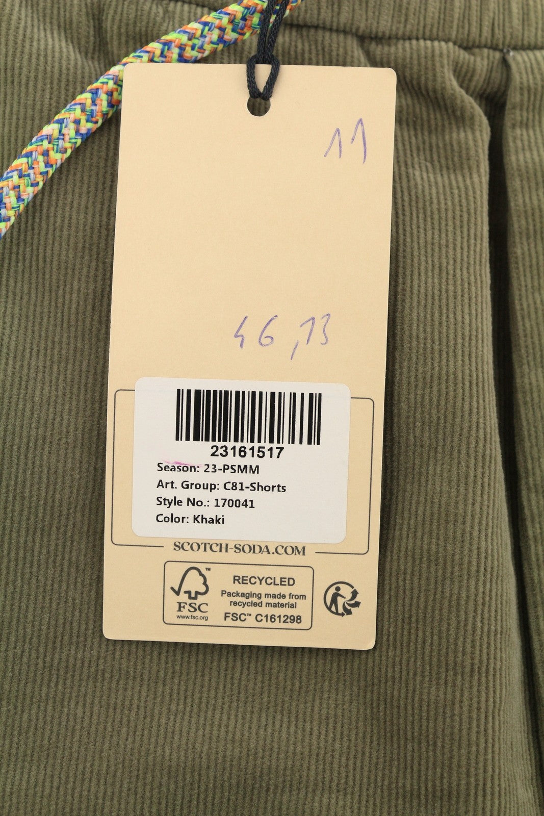 SCOTCH & SODA Men Shorts W33 Khaki Brown Corduroy Drawstring Casual