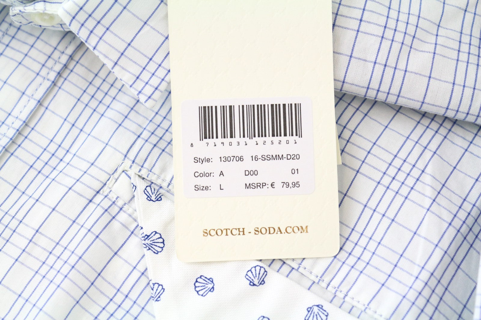 SCOTCH & SODA Men Shirt L Patch Pocket Button-Up Pure Cotton Checked Blue White