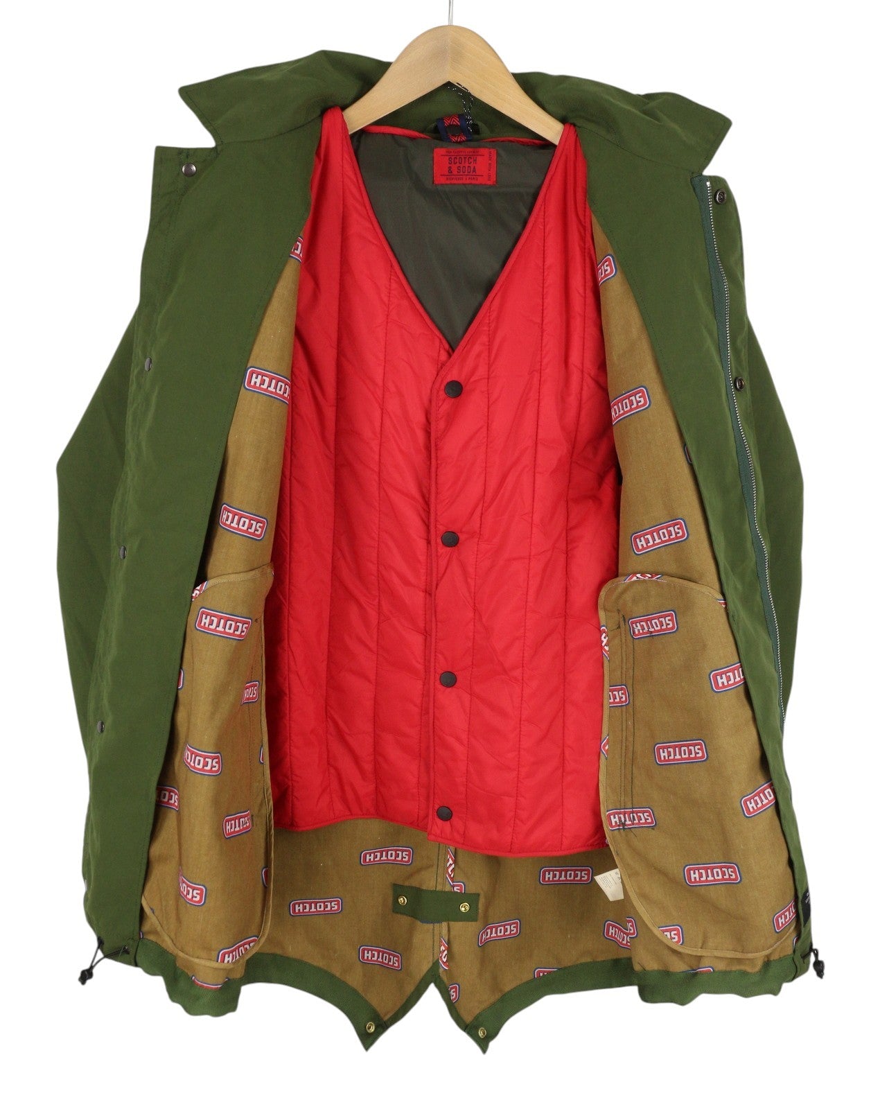 SCOTCH & SODA Men Jacket M Green Hooded Removable Lining 2in1 Parka