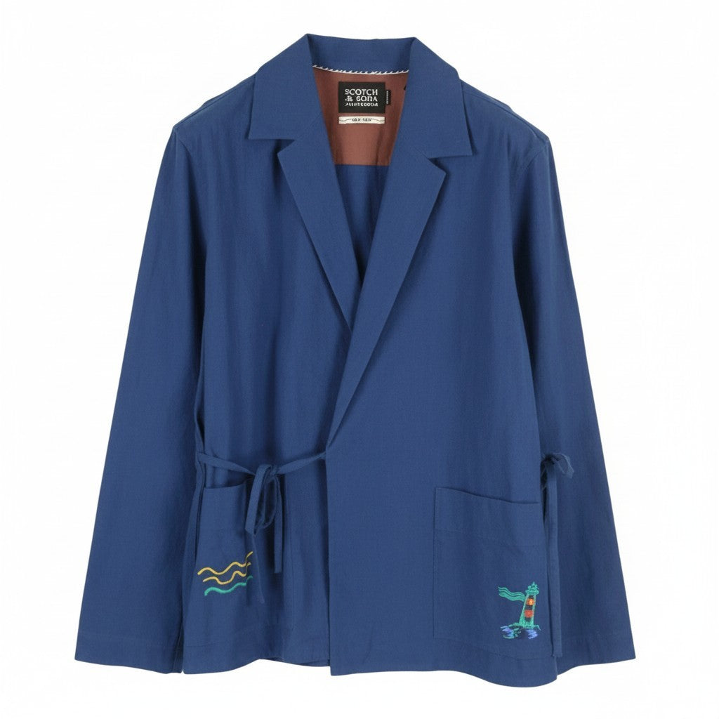 SCOTCH & SODA Men Blazer L Blue Embroidered Notch Lapel Wrap