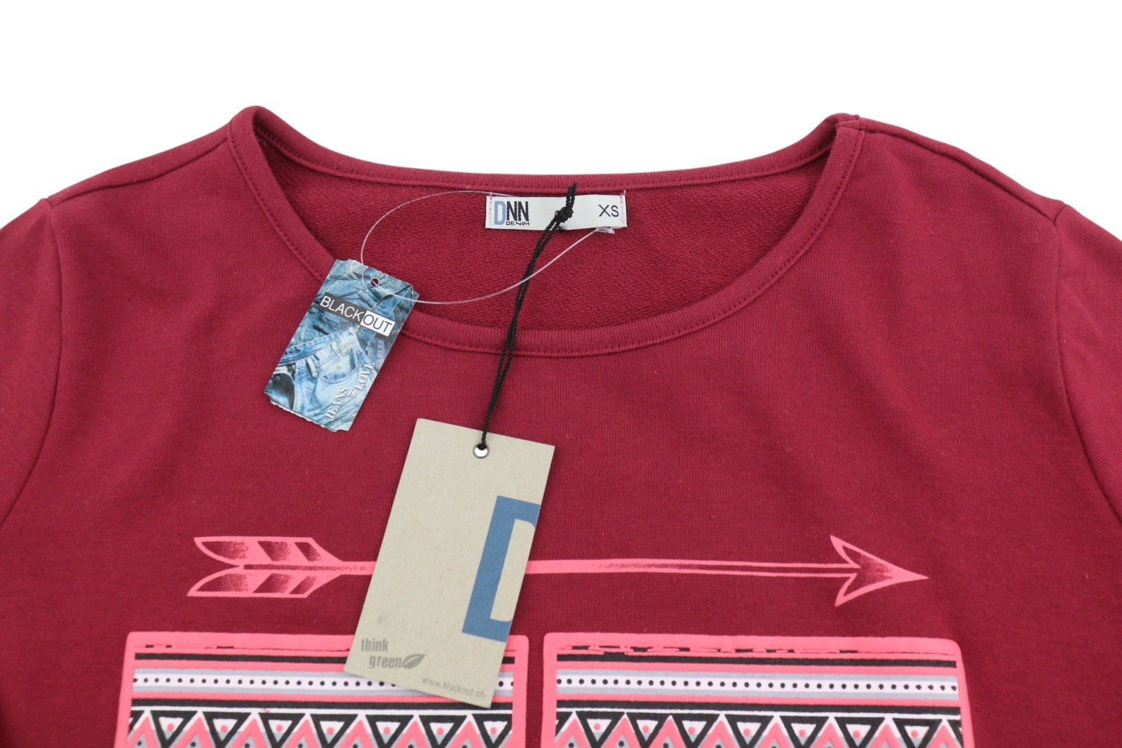BLACKOUT DNN Marina Women Sweatshirt XS Red Patterned Round Neck Pull On