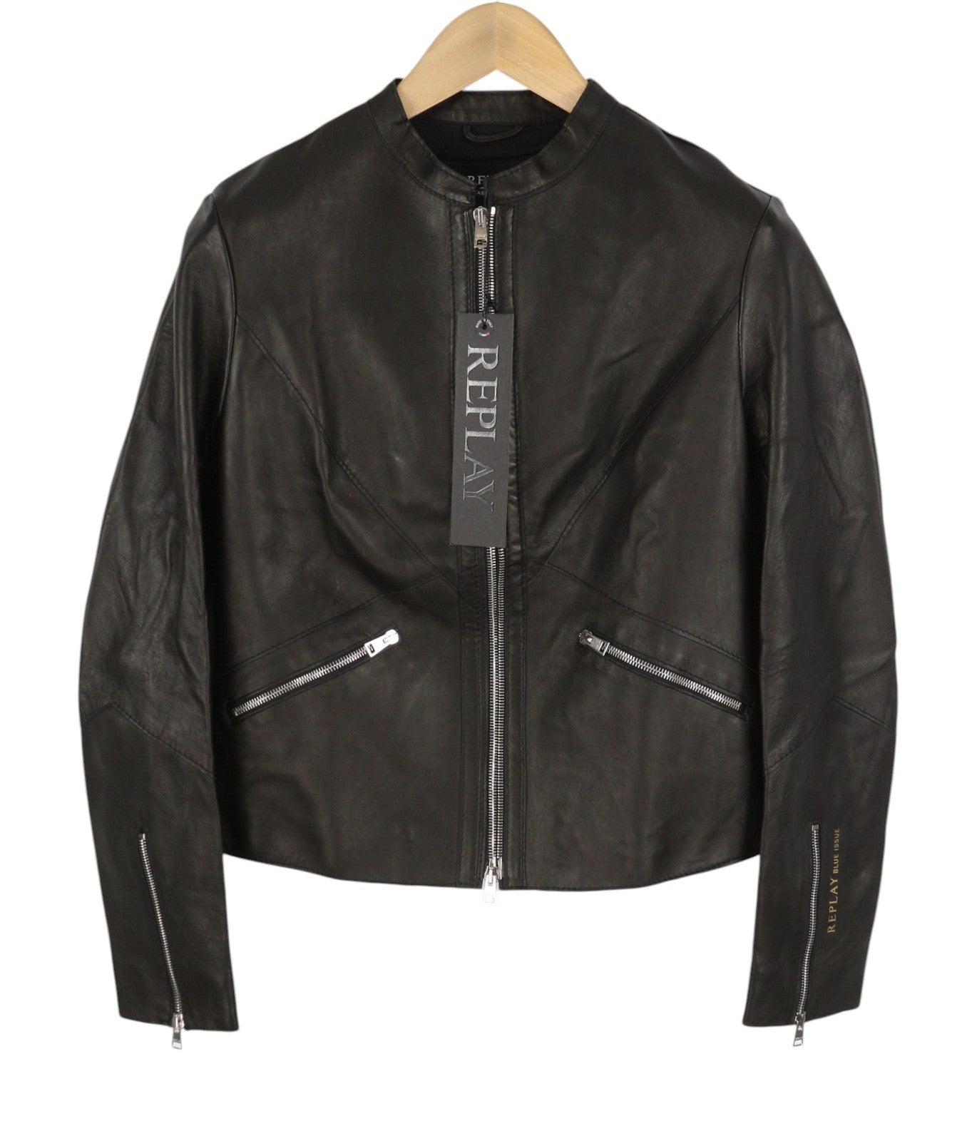 REPLAY Women Jacket S Black Lambskin Leather Lightweight Biker RRP399