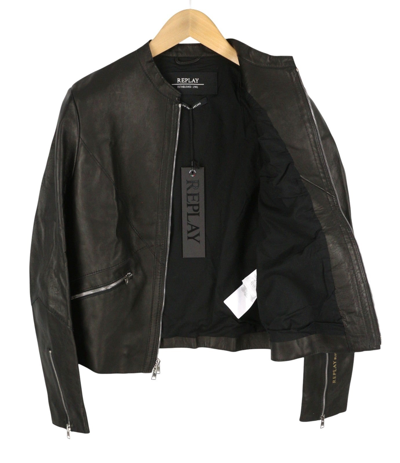 REPLAY Women Jacket S Black Lambskin Leather Lightweight Biker RRP399