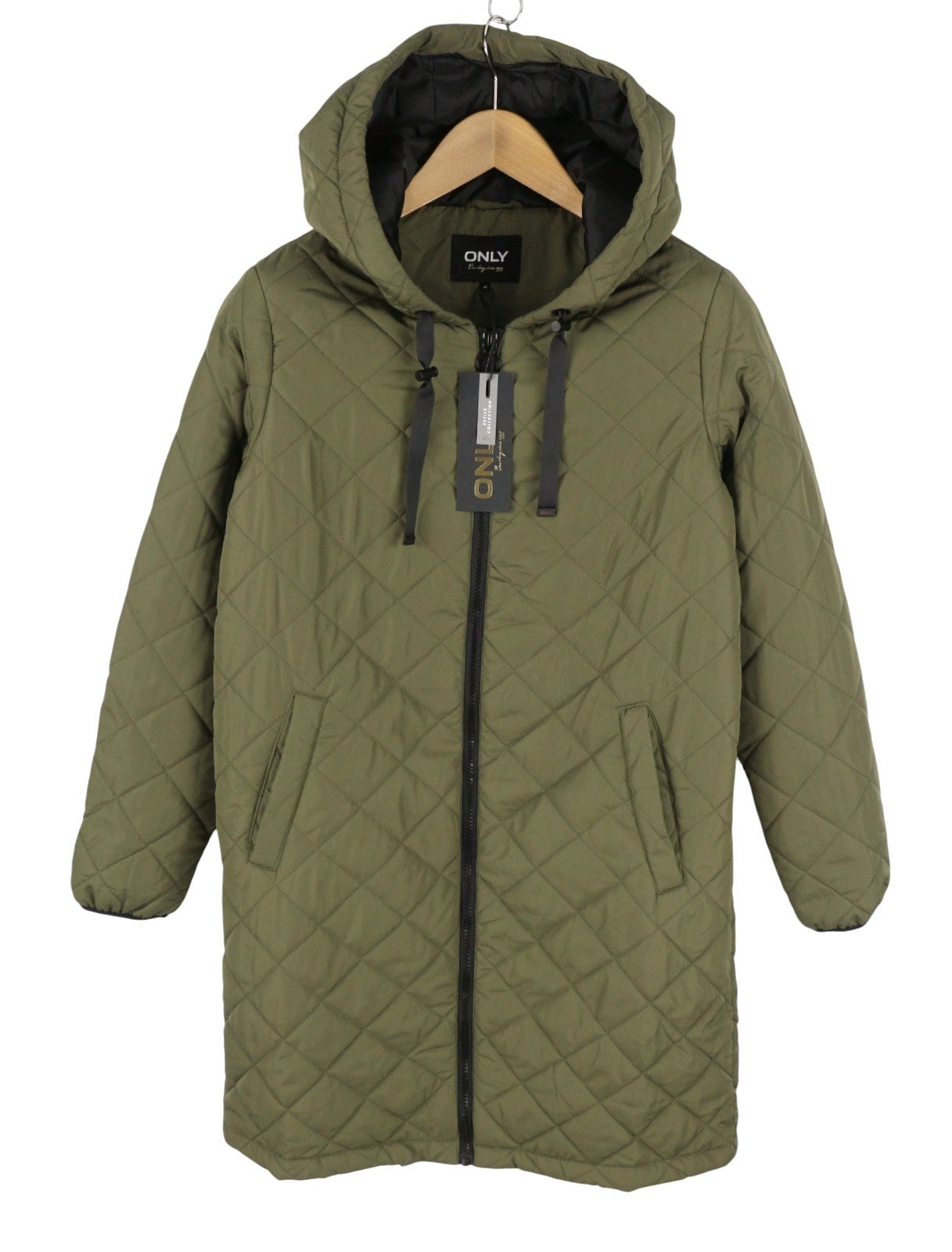ONLY Sanne Quilted Long Women Jacket M PETITE Khaki Green Padded Mid Length