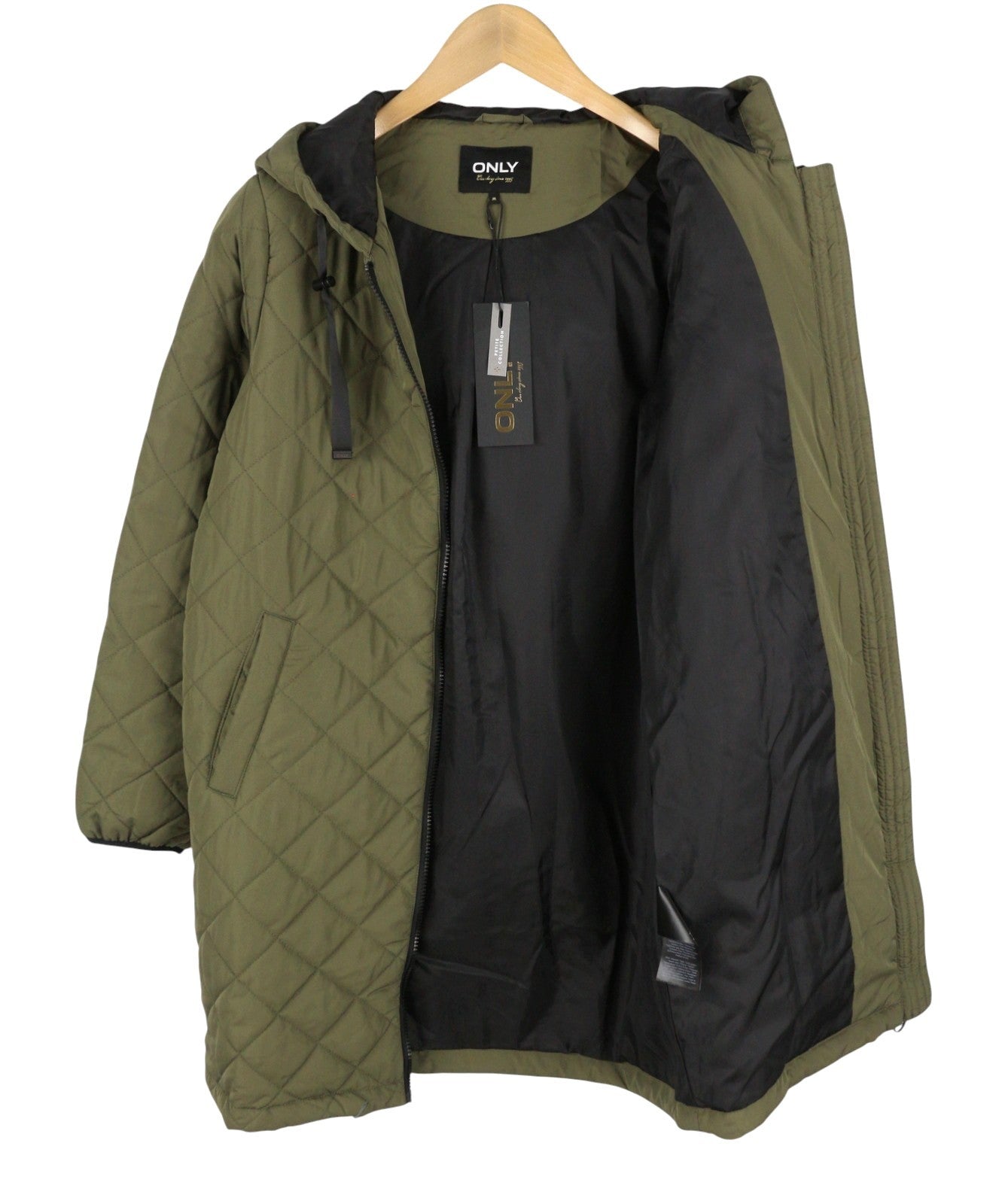 ONLY Sanne Quilted Long Women Jacket M PETITE Khaki Green Padded Mid Length