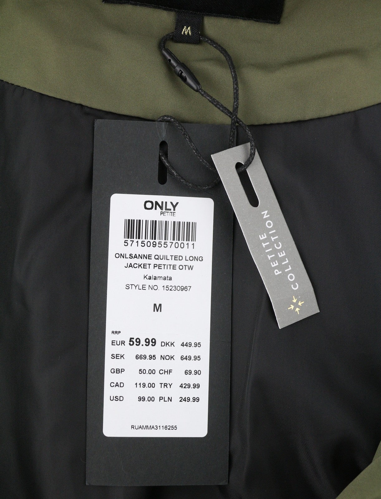 ONLY Sanne Quilted Long Women Jacket M PETITE Khaki Green Padded Mid Length