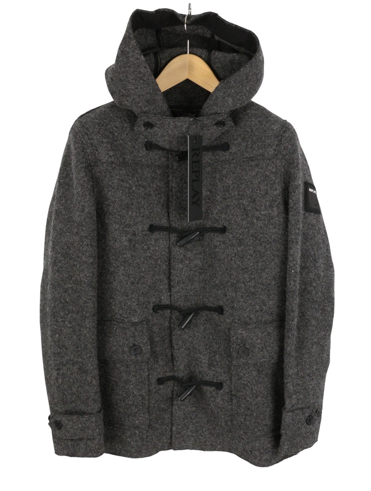 REPLAY Men Coat M Grey Melange Wool Blend Toggles Button Hooded