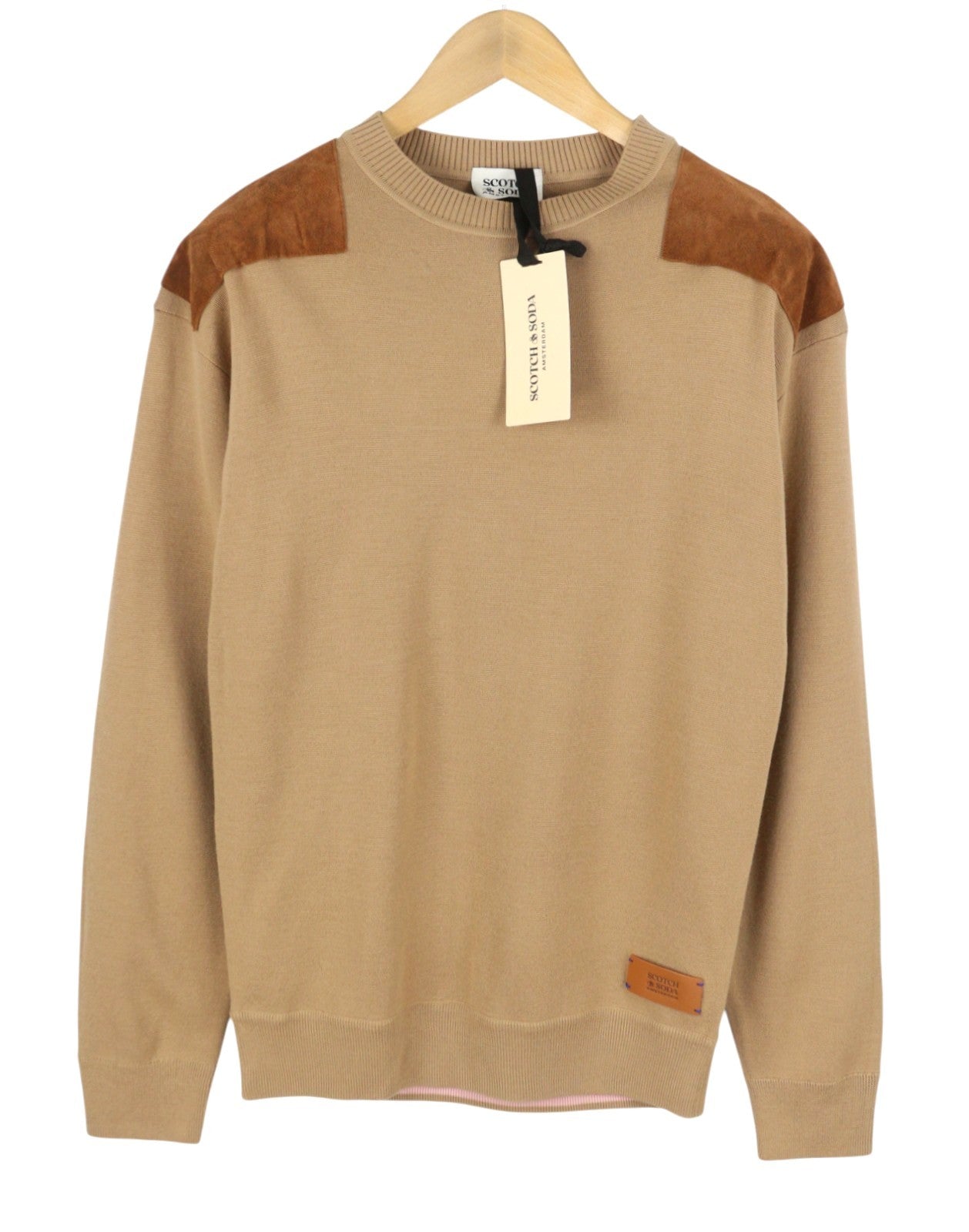 SCOTCH & SODA Men Jumper M Brown Leather Shoulder Patches Knitted Pull On