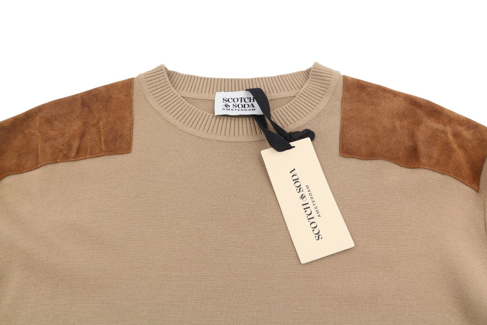 SCOTCH & SODA Men Jumper M Brown Leather Shoulder Patches Knitted Pull On