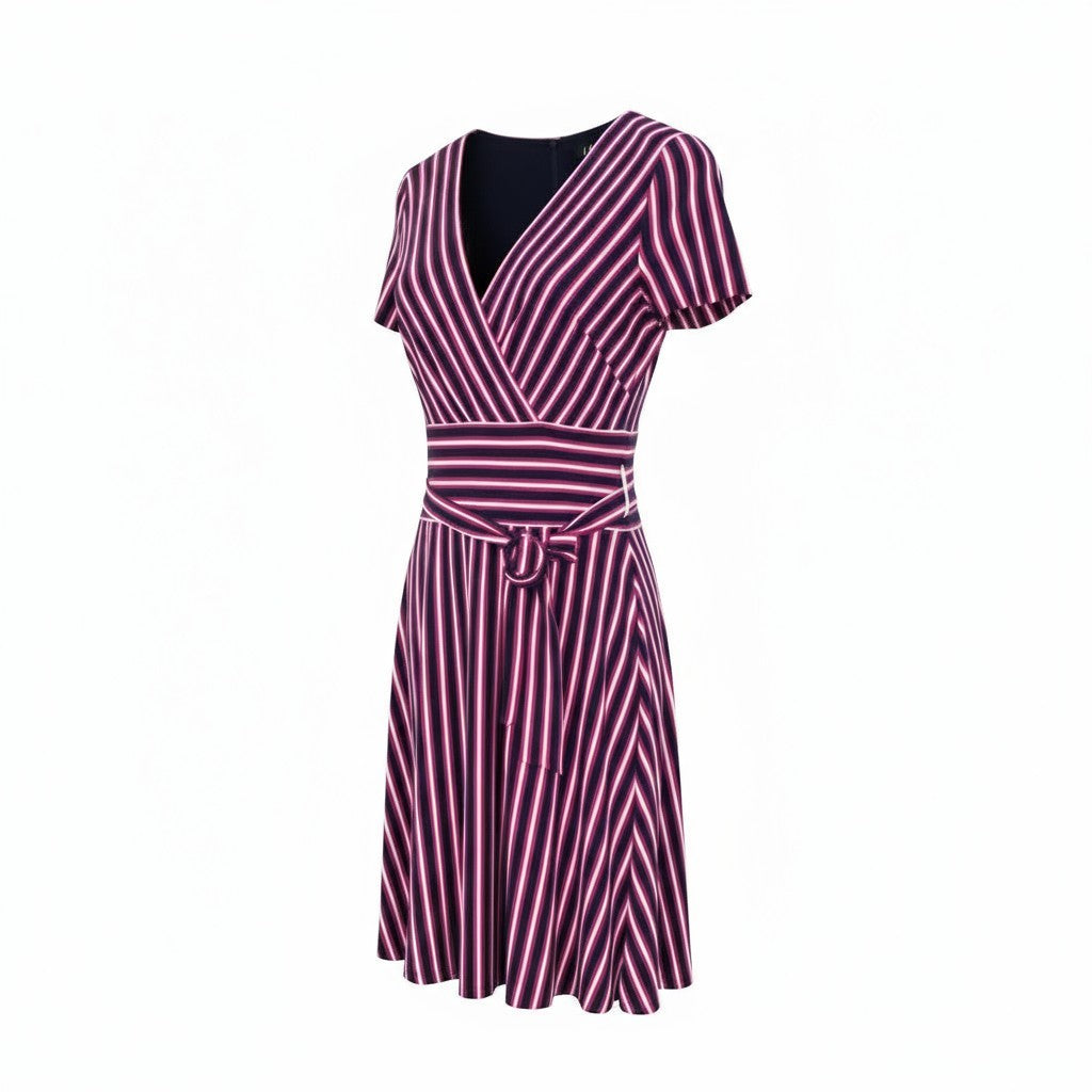 RALPH LAUREN Women Dress US4 S Navy Purple Stretch Short Sleeved V-Neck Striped
