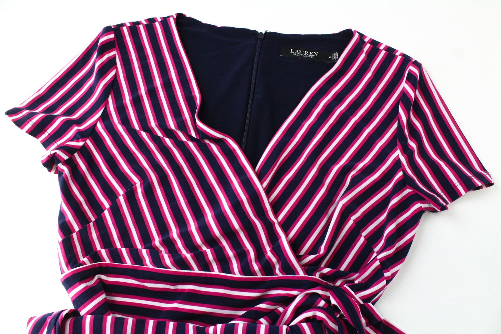 RALPH LAUREN Women Dress US4 S Navy Purple Stretch Short Sleeved V-Neck Striped