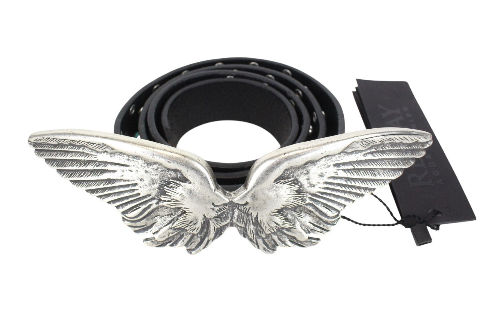 REPLAY Unisex Belt 80 cm Casual Black Genuine Cow Leather Studs Wing Buckle