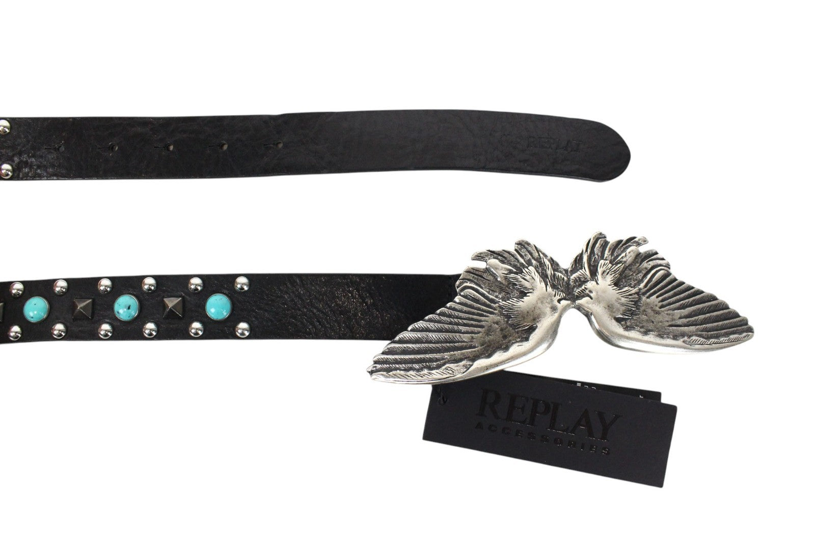 REPLAY Unisex Belt 75 cm Casual Black 100% Cow Leather Studs Wing Buckle