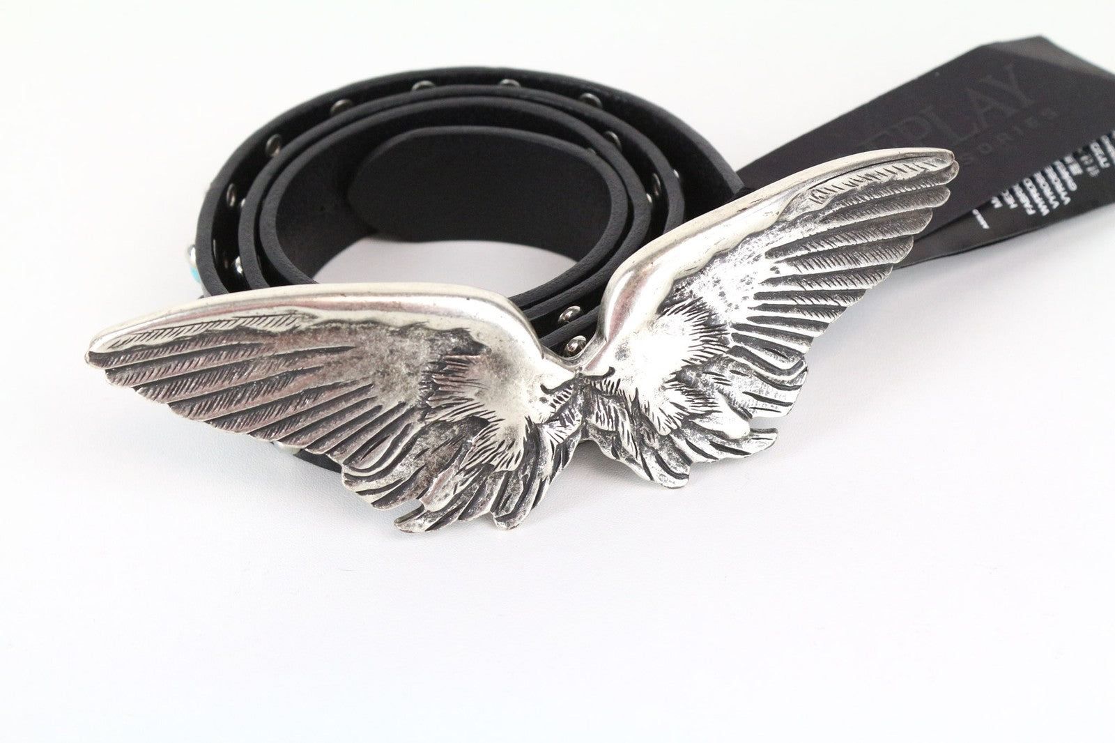REPLAY Men Belt 80 cm Casual Black Genuine Cow Leather Studs Wings Buckle
