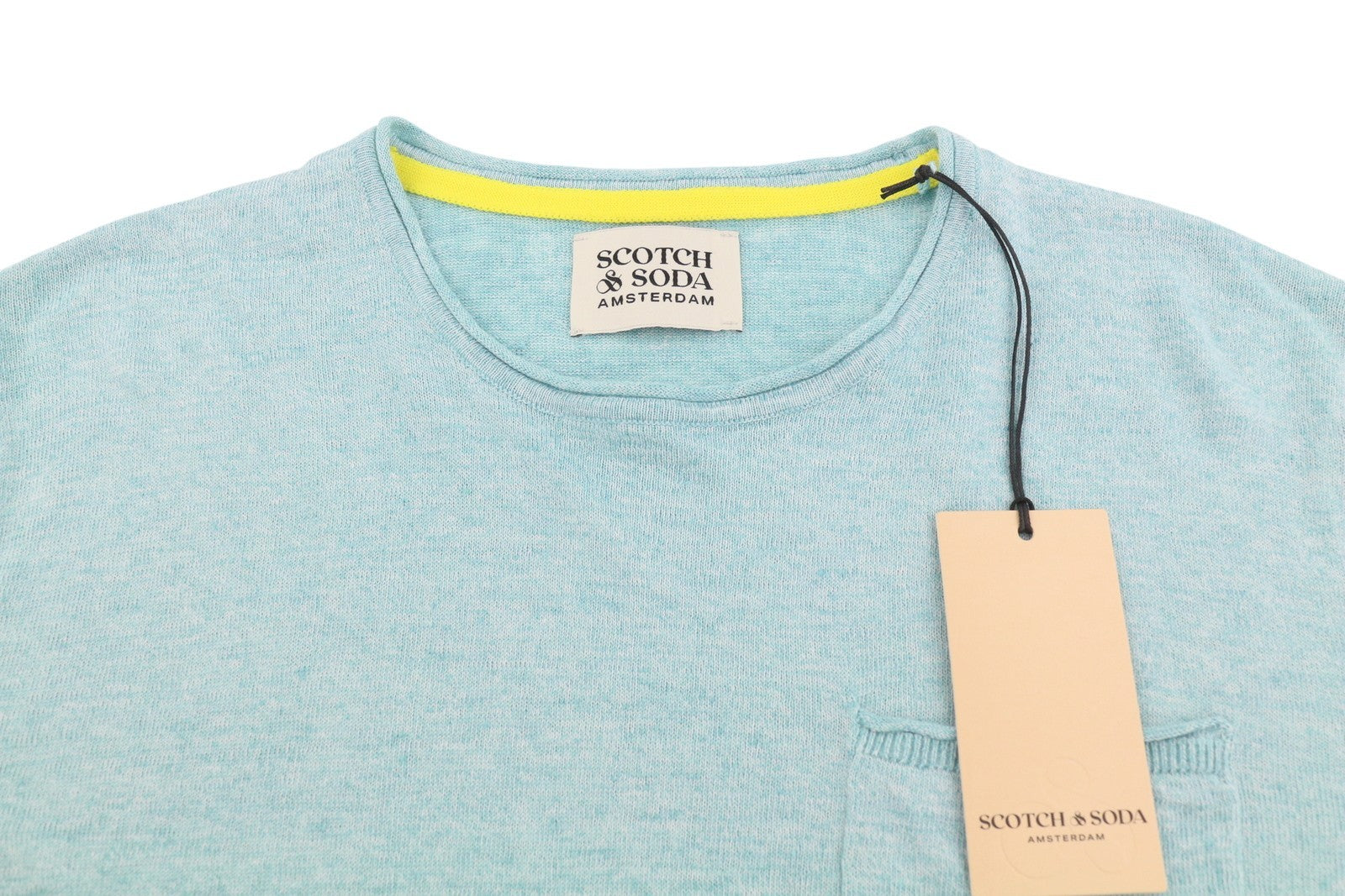 SCOTCH & SODA Men Jumper M Blue Melange Linen Blend Knit Patch Pocket Pull On