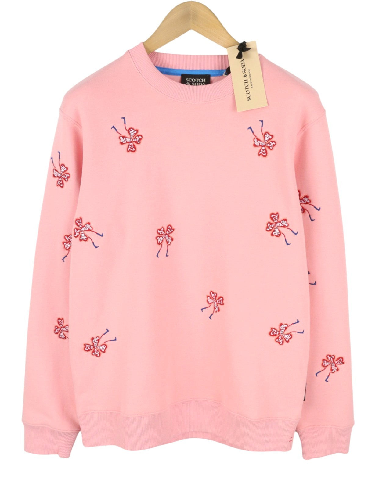 SCOTCH & SODA Men Sweatshirt M Pink Embroidered Crew Collar Long Sleeve Pull On