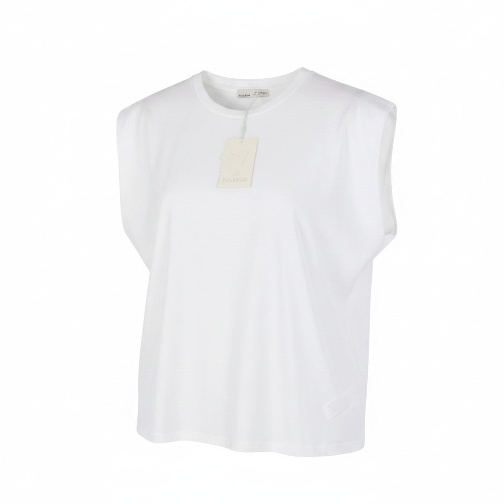 PULL&BEAR Women T-Shirt L White Cotton Tricot Casual Sleeveless