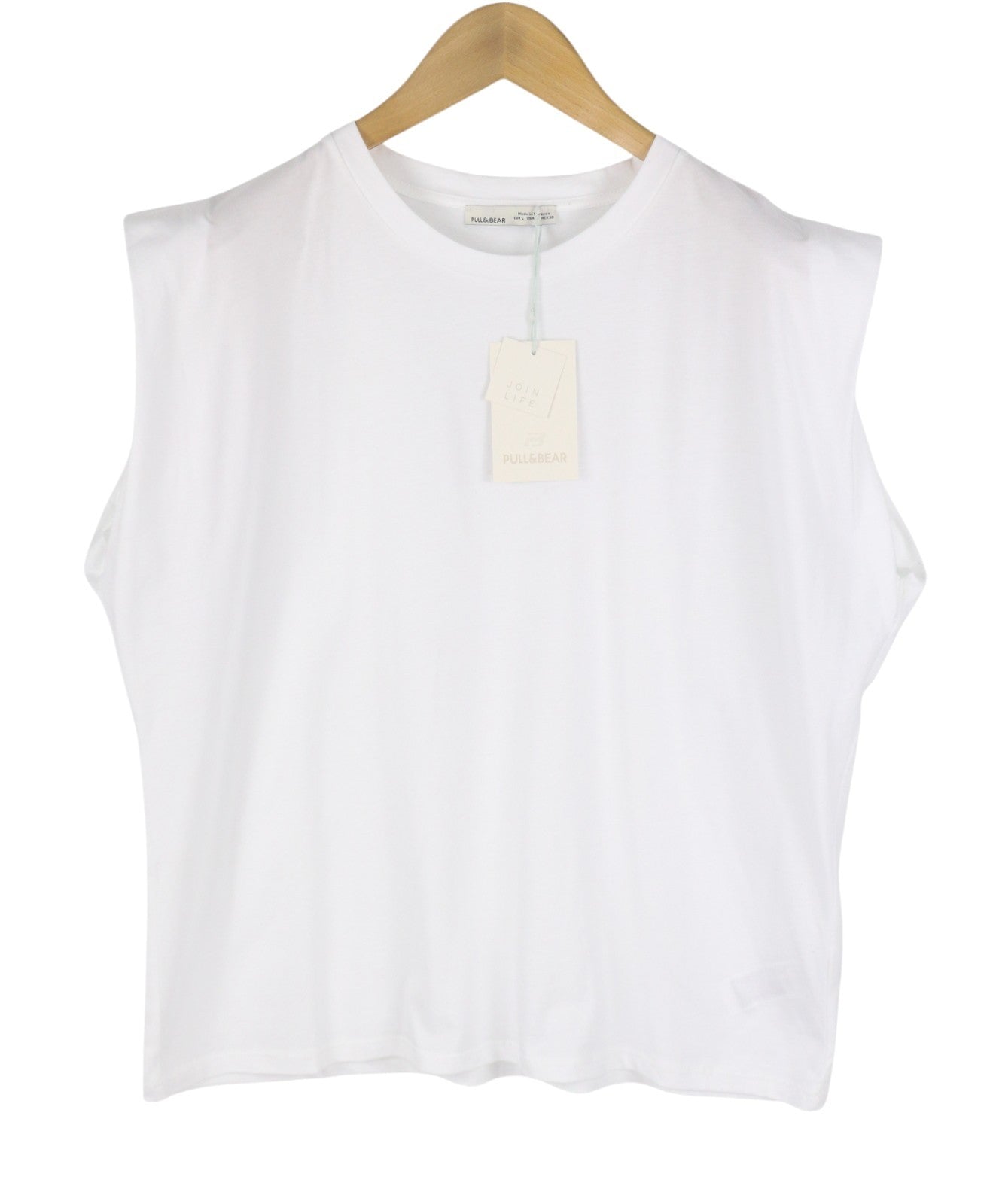 PULL&BEAR Women T-Shirt L White Cotton Tricot Casual Sleeveless