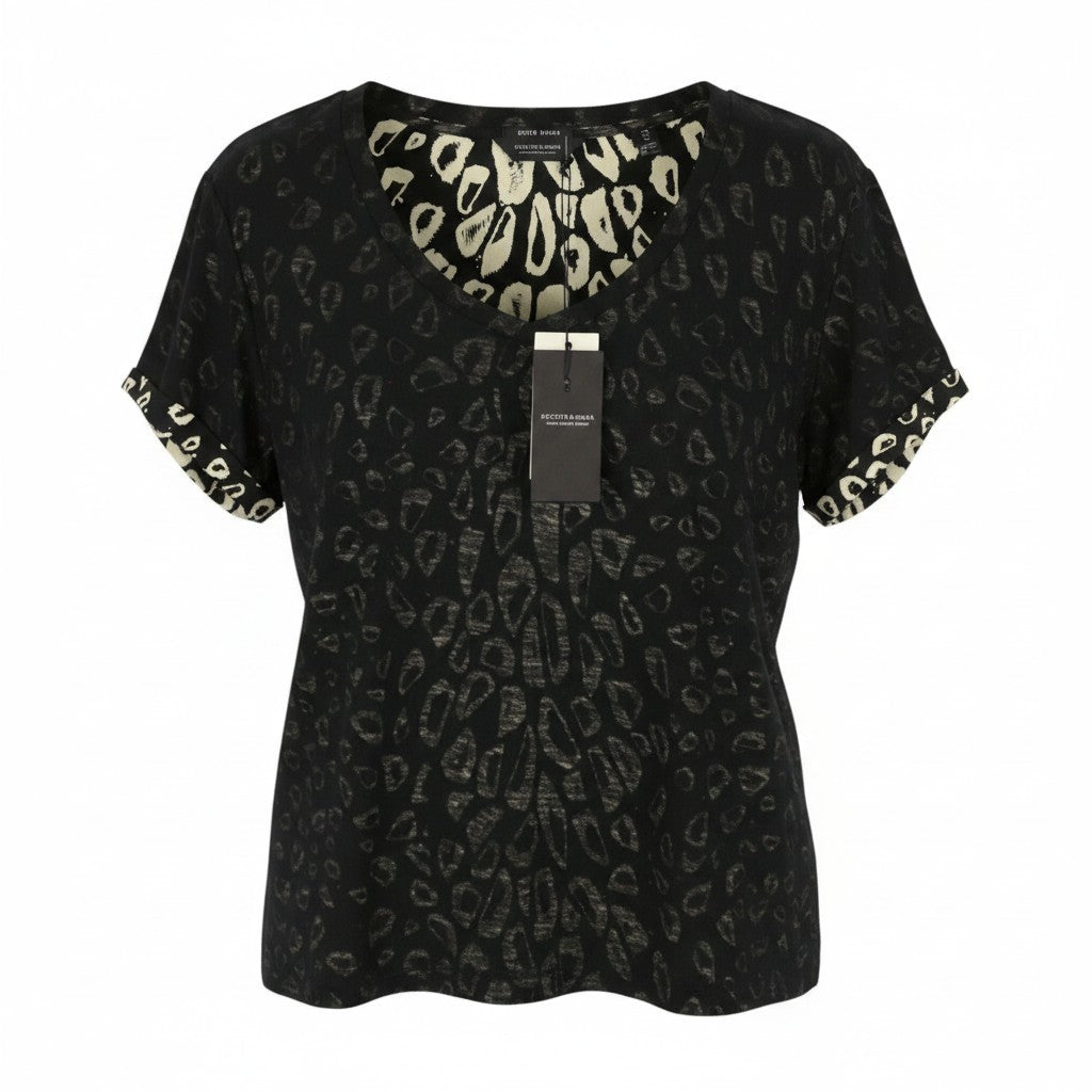 SCOTCH & SODA Women T-Shirt XS Black Leopard Pattern Crew Neck Short Sleeve