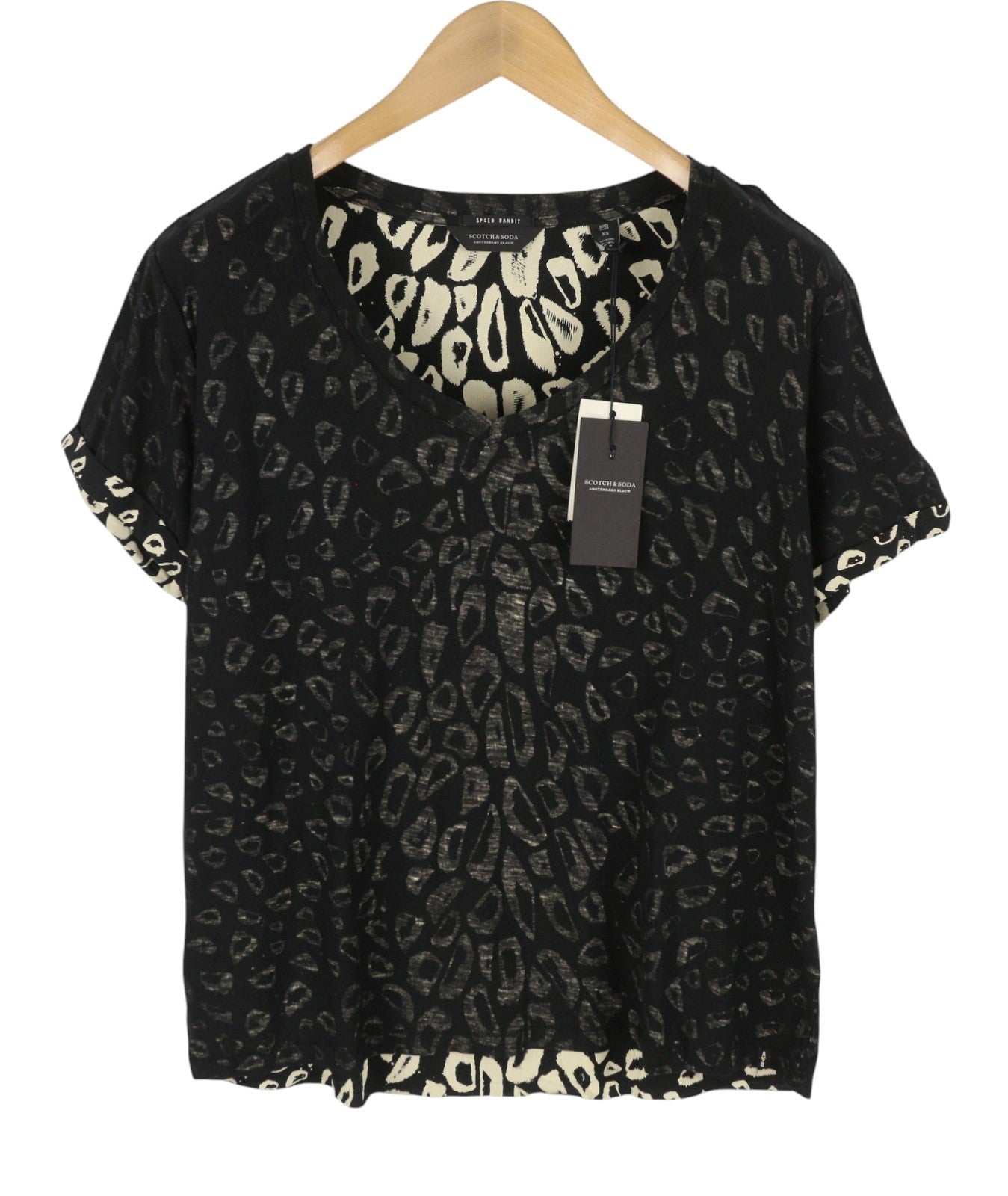 SCOTCH & SODA Women T-Shirt XS Black Leopard Pattern Crew Neck Short Sleeve