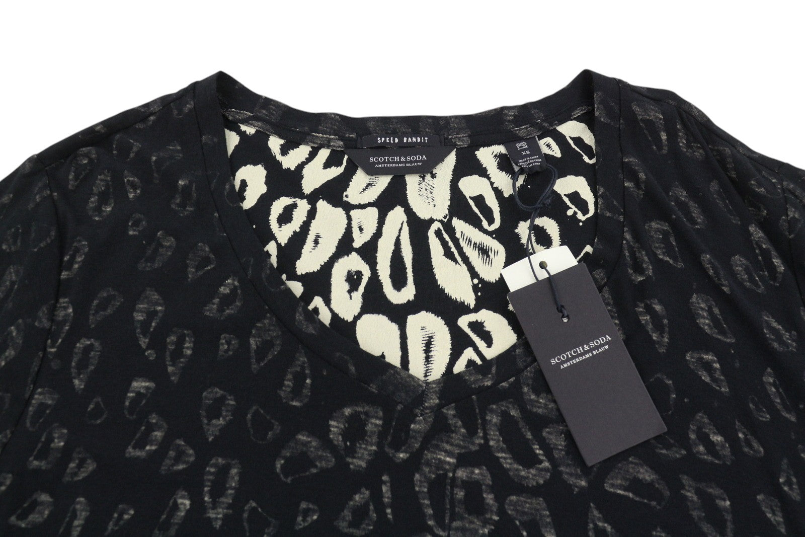 SCOTCH & SODA Women T-Shirt XS Black Leopard Pattern Crew Neck Short Sleeve
